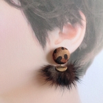 NEW! ミンクファー ファン & ヒョウ柄 カボション ブラウン 秋冬 グレー ネイビー ホワイト 大人可愛い / ピアス ♡ イヤリング ファンェイプ ミンクファーピアス