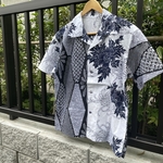 一点物 オリジナル リメイク アロハシャツ アンティーク メンズ 反物 ハンドメイド コーマ地 白 菊 絞り柄