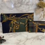 再販!スカーフ柄ポーチ(ネイビー&グリーン)&コインケースの2点セット/お薬手帳ポーチ/母子手帳ケース(Sサイズ)/通帳ポーチ/ナプキンポーチ//診察券/コインケース/仕切りポーチ