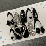 韓国 量産型 モノトーン リボン フレンチ ハート ビジュー ストーン 埋めつくし♡ネイルチップ