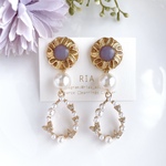 ♢パープルボタン&蝶チャームflowerpurple×butterflycharmピアス/イヤリング♢ 【2wayにオプションで変更可能】