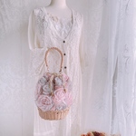 ローズ刺繍・ファー巾着かごバッグ【ダスティーピンク×グレー】2way・3wayにもなるショルダーバッグ・ポシェット