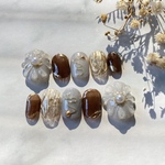 no211 ネイルチップ ぷっくりフラワー ニュアンス 韓国ネイル