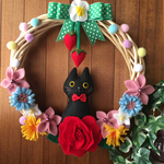 フエルトのお花と黒猫のリース