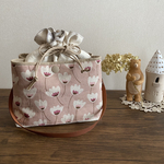外ポケット付き巾着袋 持ち手付き 北欧チューリップ くすみピンク