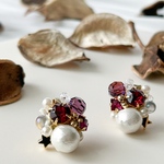 クリスマス スペシャルギフト2023 【 mixカラーで垢抜け❤︎レッド ビジュー ピアス イヤリング 】 金属アレルギー パール プレゼント 差し色 華やか 上品 【 ALL 手編み 】