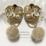 2wayチュールリボンとコットンパールのベージュのファーイヤリング(ピアス)