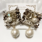 ツイードリボンとコットンパールのゆれるイヤリング(ピアス)