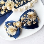 navy gold flower*アシンメトリーWリボン*インド 刺繍リボン* ヘアクリップ / バレッタ*ゴールド/H002