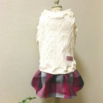U/Shiho《Sサイズ完成品》アラン風ニット×チェックスカートワンピース犬服