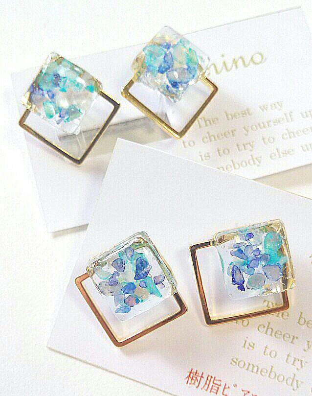 新色◇重なる四角 カラフルレジン 樹脂ピアス&ノンホールピアス(イヤリング)