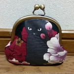 黒猫と牡丹柄 和風ミニ親子がまぐち財布