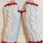 💛手編みハンドウォーマー・スマートフォン対応💛ウール100%純毛・色グレー/赤(差し色)💛