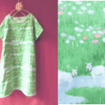 水彩風 草原 動物 半袖ワンピース 黄緑