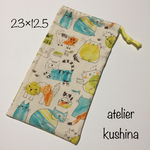 縦長巾着袋☆箸袋🐱愉快な猫の仲間たち🐈猫柄巾着ピンク