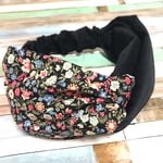 花柄コーデュロイ×ブラック クロスヘアバンド