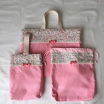 送料無料 ピンクと花柄のレッスンバッグ シューズ入れ 体操服入れの3点セット No.18