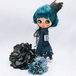 ブルーデニムのつなぎ(サルエル)とレースクラウンヘッドアクセのセット