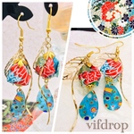 【琉球水色 花柄】紙風船と【水】ベネチアン柄雫チップの木の葉和風ピアス