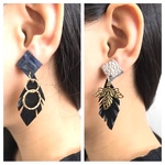 本革 アシンメトリーなステンドグラスレザーイヤリング