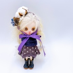 “ミディーブライスサイズ” 古代紫のコクーンワンピースとコットンフラワーのドライフラワーヘッドアクセのセット