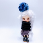 “ミディーブライスサイズ” 古代紫のコクーンワンピースと大きめふわふわポンポンのヘッドアクセのセット