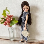 受注制作⇒リカちゃん Whiteラフィア チャーム付き サークルカゴバッグ