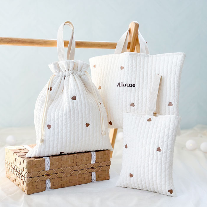 Baby&Kids【AK】さんの「入園入学に！女の子のためのハートヌビ♡ レッスンバッグ 着替え袋 上履き入れ」