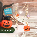 【再販】✰Halloween✰ジャック・オー・ランタン と おばけ × 星✳︎アシンメトリー ピアス / イヤリング / 樹脂ノンホールピアス