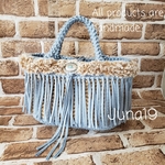 ranran0614さま専用ページ🧡2way ズパゲッティ×麻ひも🌟ブルー×ファー フリンジ マルシェ かごバッグ🌟キャットヤーン/底板使用