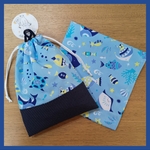 ループつき巾着とランチョンマットのセット   海のいきものブルー