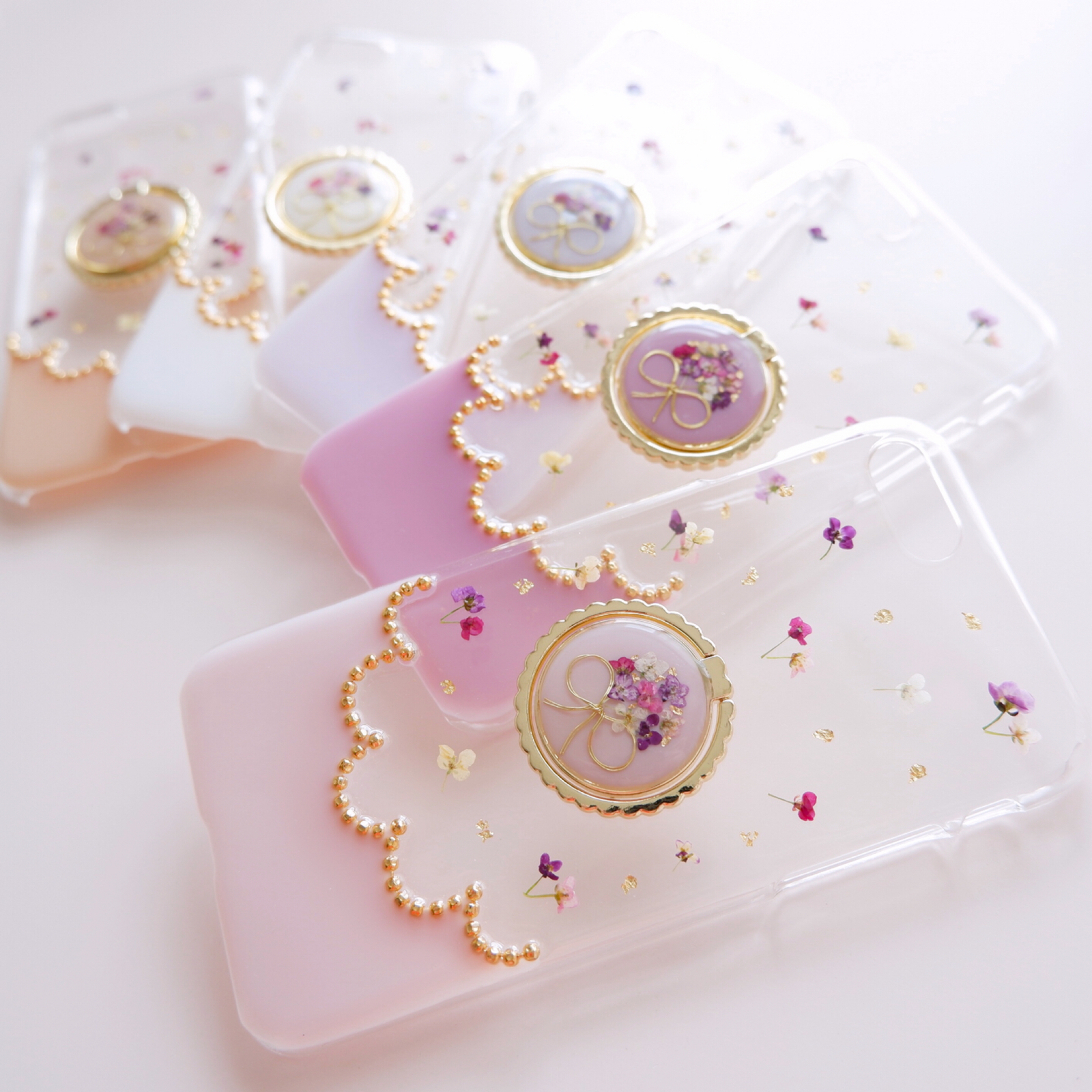 アリッサムブーケのスカラップ（スマホリング付き）❁.*･ﾟ押し花スマホケース