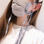 【グレー×チェック】リボンマスク ロング紐のマスク プリーツマスク マスク 紐 リボン チェック ナチュラル 秋マスク 秋