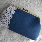 アンティーク手刺繍レース＆ブルーリネンがま口Ｌ