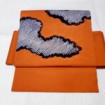 ワンタッチ帯　くらわん帯　正絹名古屋帯リメイク　くすみオレンジ絞り雲文様　作り帯　