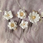新作★つまみ細工　レース×白大花のUピンかんざし　5本セット　