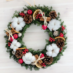 クリスマスリースL ヒムロスギ　りんご　綿の実　クリスマスプレゼント　　プリザーブドフラワー　ウェディング　結婚祝い　両親贈呈　プレゼント　花　ホワイト　綿の実　松ぼっくり　ユーカリ　