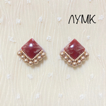【再販】ビーズ刺繍　マーブルカボション　スクエアレッド