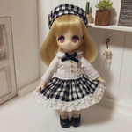 オビツ11用 帽子付きワンピース(黒ギンガム)