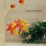 レッドCZと舞い散る紅葉のピアス【サージカルステンレスピアス】