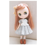 【受注製作】ドール服 ミディブライスアウトフィット コットンリネンヒッコリーワンピース+ペチパンツセット