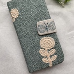 ミナペルホネン＊bonheur　light beige green＊ベルト　choucho貼りiPhoneケース手帳型