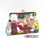 化粧ポーチ プチギフト など 水着の可愛い女の子柄〔濃いカラフル〕 USAコットン   マチ付き がま口ポーチ