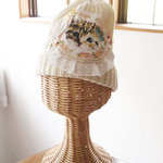可愛い子猫コラージュニット帽★オフホワイト