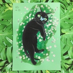 A4原画（135）花畑の猫と蝶のイラスト 絵 絵画 アート 手描き イラスト