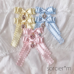 ゆめかわいい フリルリボン ♡ 量産型 リボン ヘアクリップ ハート パール サックス イエロー 黄色 水色 ピンク ゴスロリ ロリィタ ロリータ 推し ゆめかわいい 病みかわいい  地雷