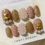ネイルチップNo.7♡ ガーリー くま テディベア ブラウン パール ドット ラメ ゴールド