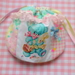 hana*ハンドメイド★レトロアニマルまんまる巾着♪パステルパッチワーク青いクマさん