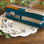 ペンケース☆ファスナー☆ワイヤー口金タイプ☆胴長猫ちゃん×ものさし柄☆ターコイズ