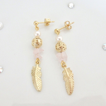 フェザー(羽)×ローズクオーツ×パール　ピアス　◇イヤリング可
